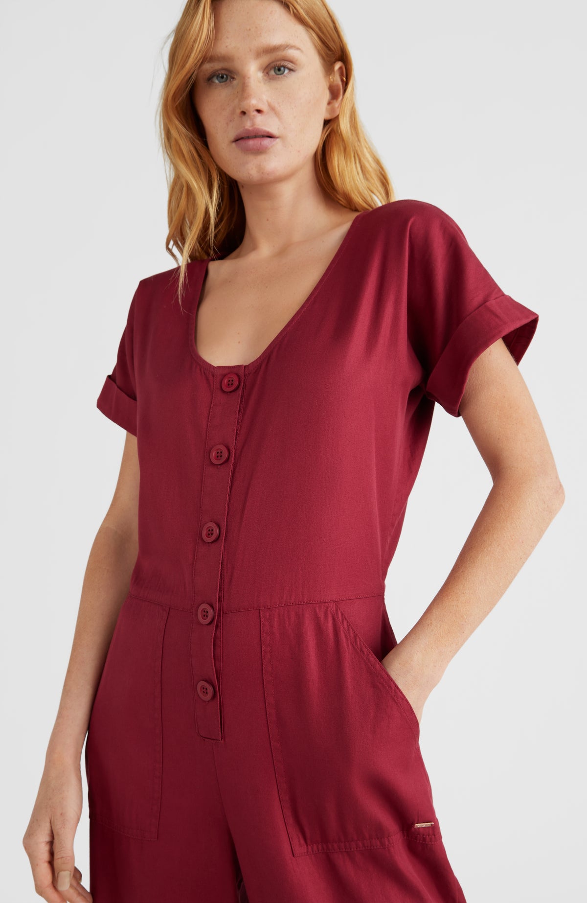 Button Straight Leg Jumpsuit | Biking Red