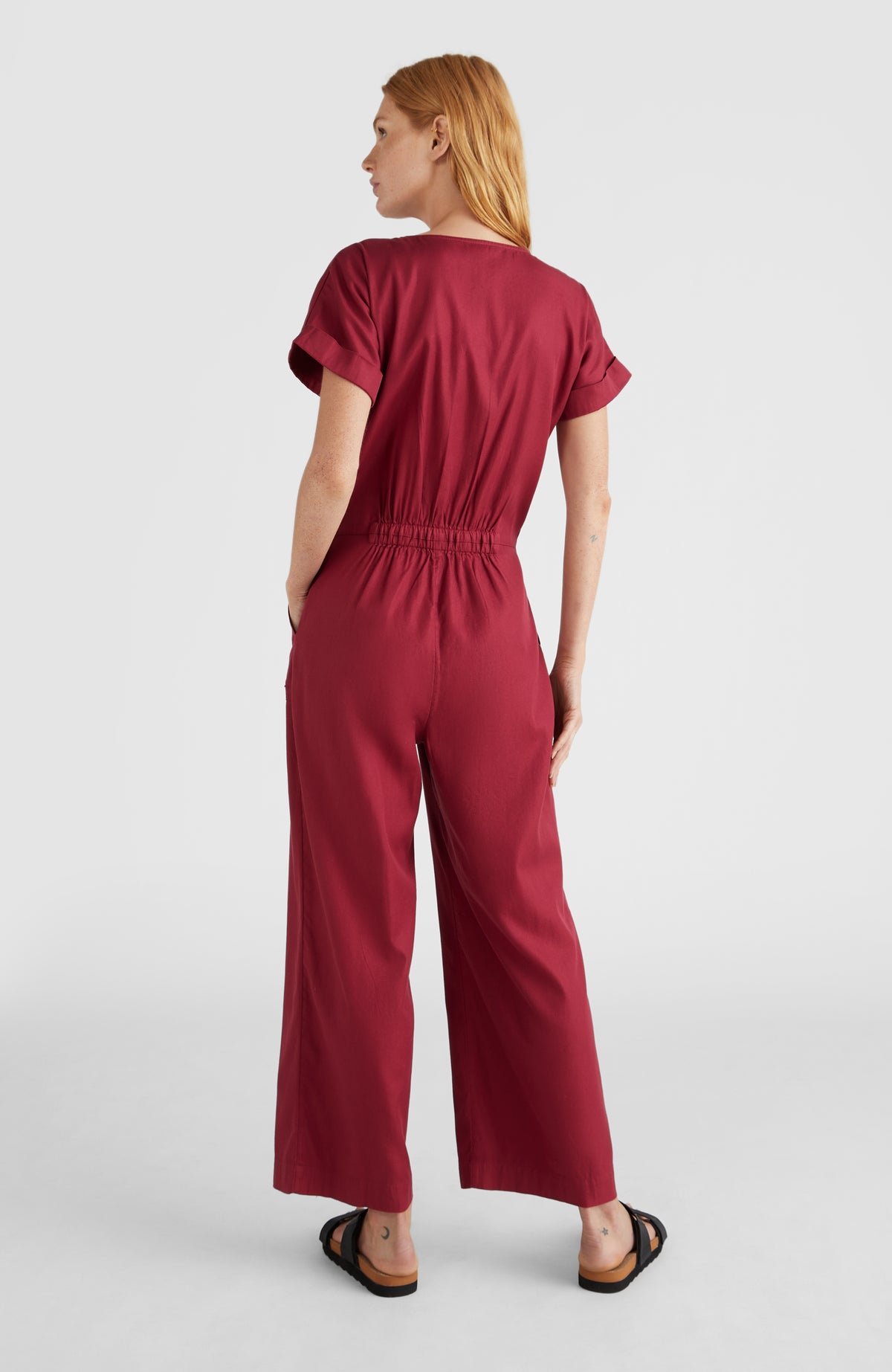 Button Straight Leg Jumpsuit | Biking Red