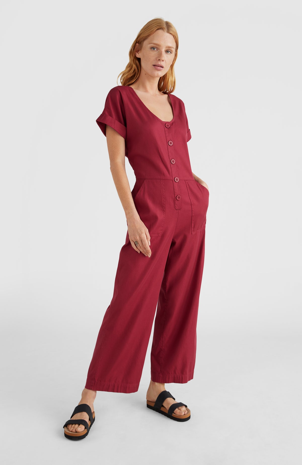 Button Straight Leg Jumpsuit | Biking Red