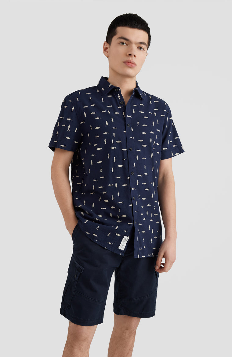 Chambray Shirt with All Over Print | Blue AO 2